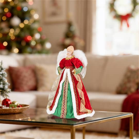 Glitzhome® 18" Faux Fur & PVC Traditional Christmas Angel Tree Topper with Porcelain Face